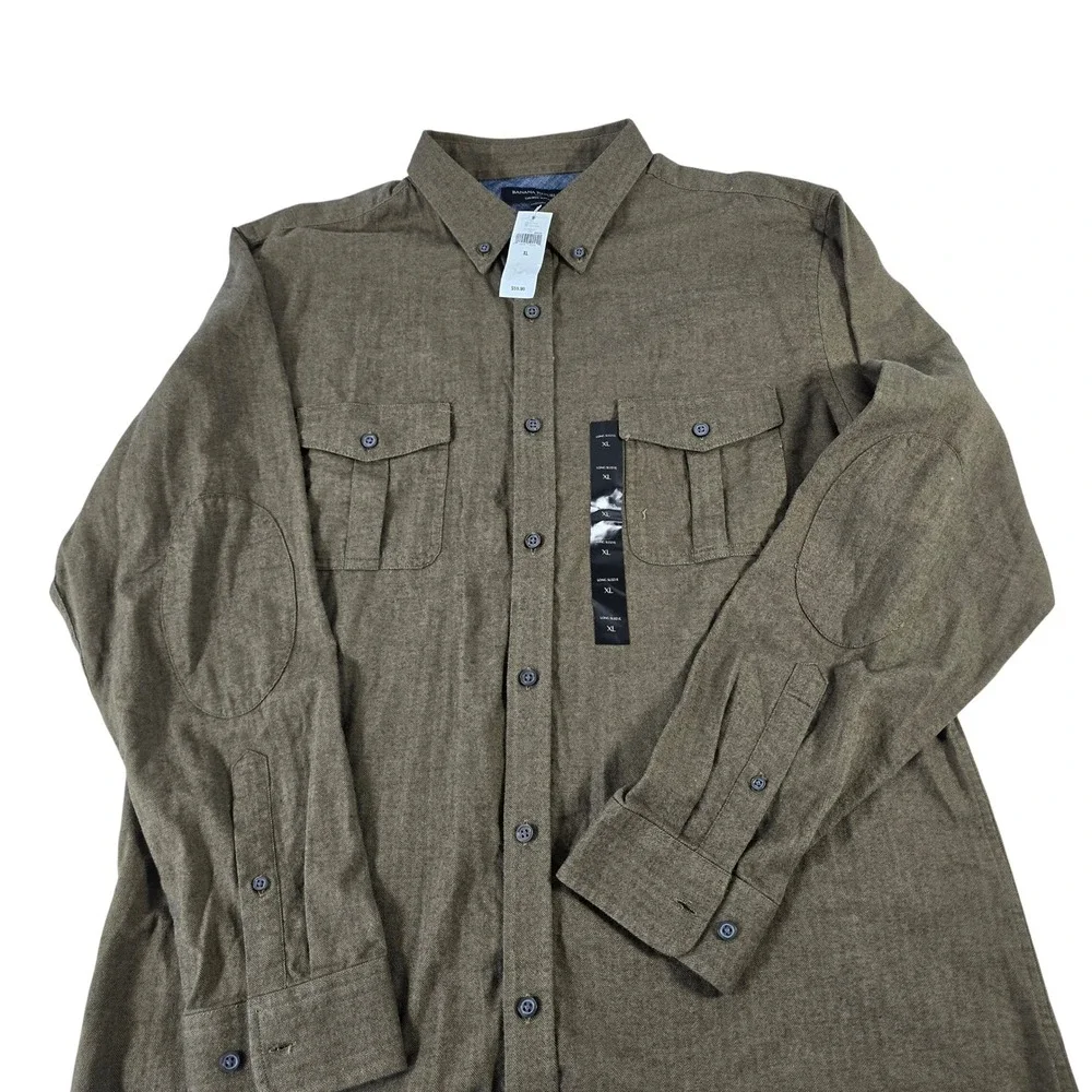 Banana Republic Mens XL Tailored Slim Fit Herringbone Utility Shirt Olive Brown